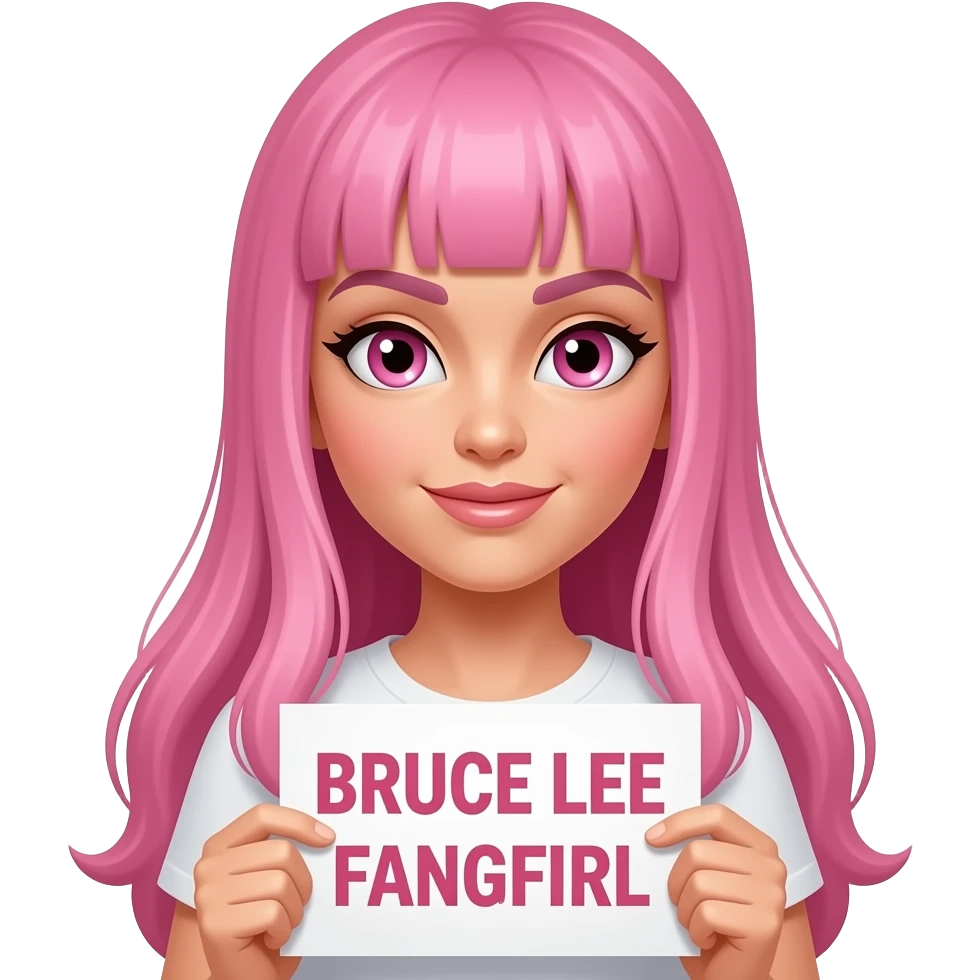 sexy girl with long pink hair and pink eyes holding BRUCE LEE FANGIRL sign emoji