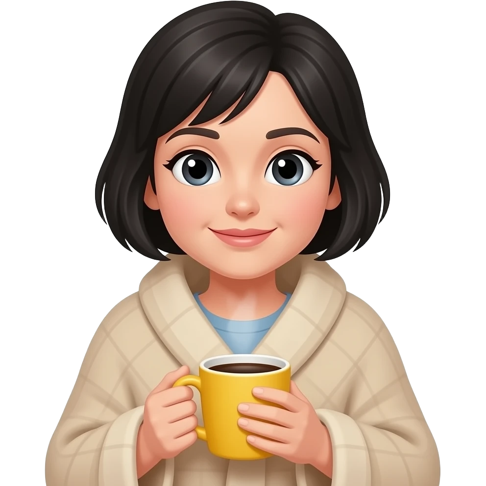 A white cute woman with short black hair, with a beige blanket and a coffee in a very cozy yellow mug, in iPhone emoji style emoji