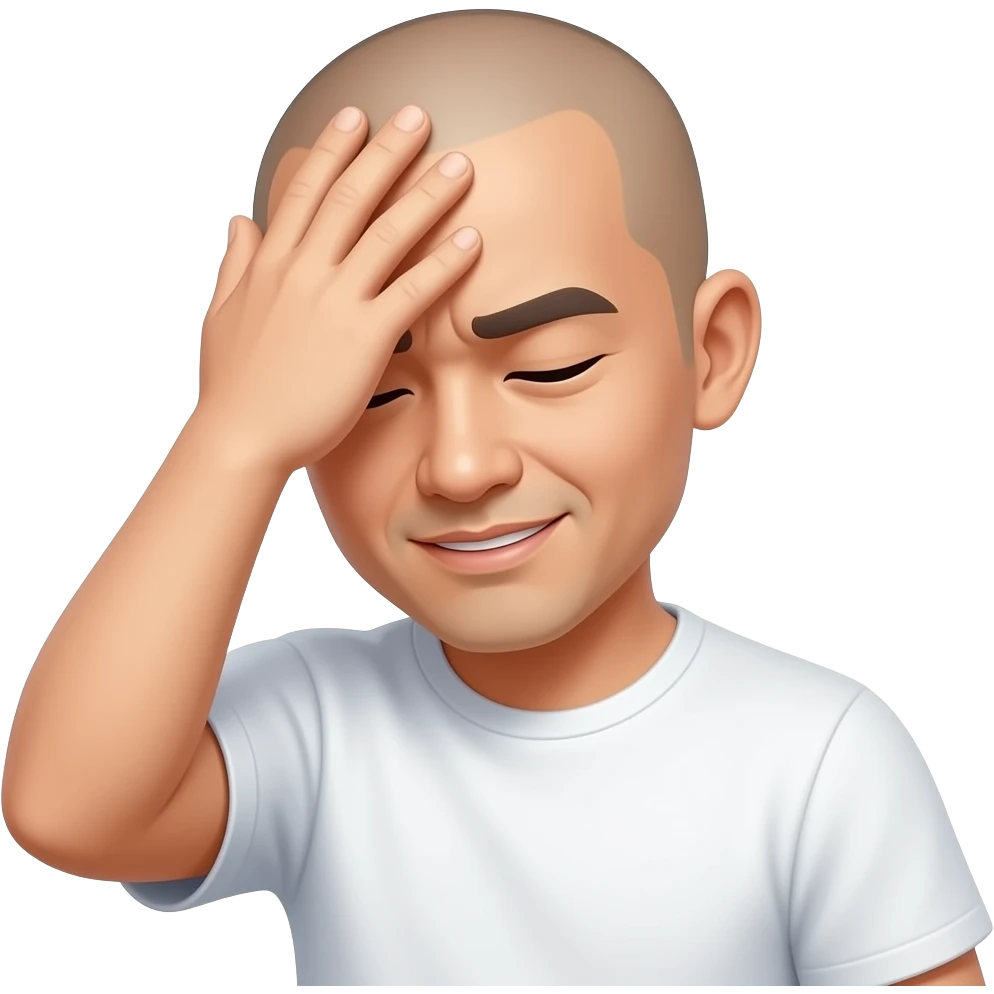asian guy with shaved head with palm on foreheard covering face shaking his head with white t shirt on emoji