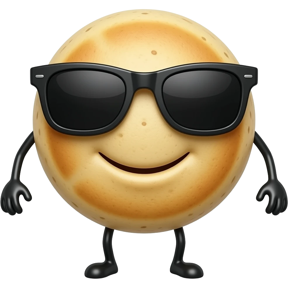 Quiero 1 arepa redondel venezolana con lentes oscuros qué tenga brazos y piernas de palitos negro que este sonriendo levemente y que se vea que esta rellena emoji