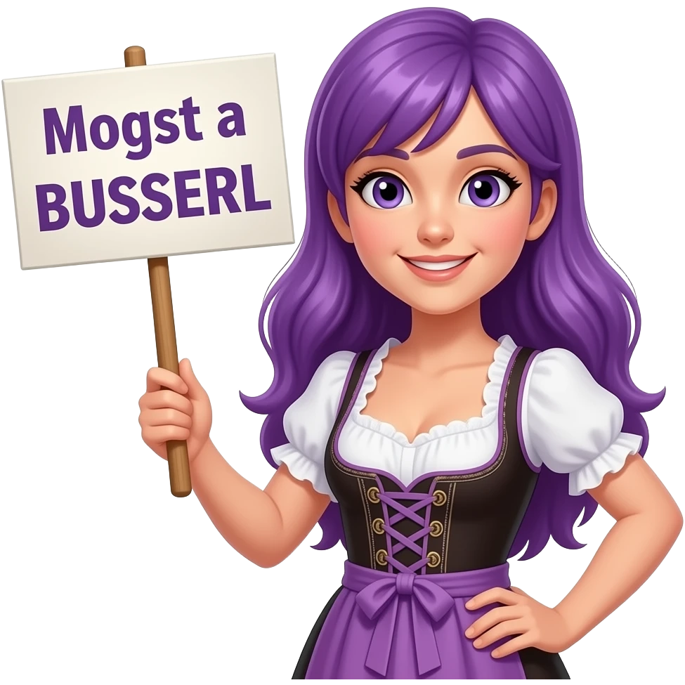 girl with long purple hair wearing a dirndl holding a Mogst a BUSSERL sign emoji