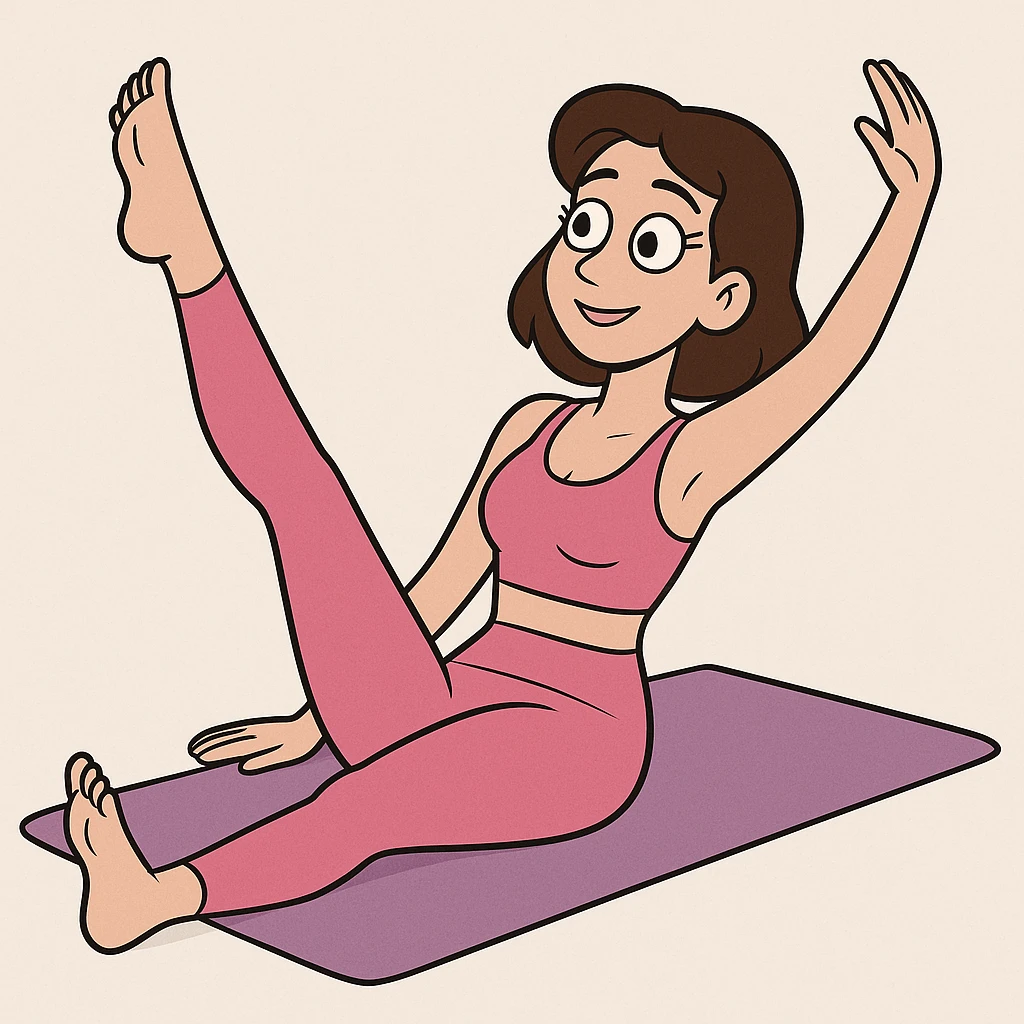 white brunette woman stretching on a yoga mat, pink sportswear, pilates pose, clean background emoji