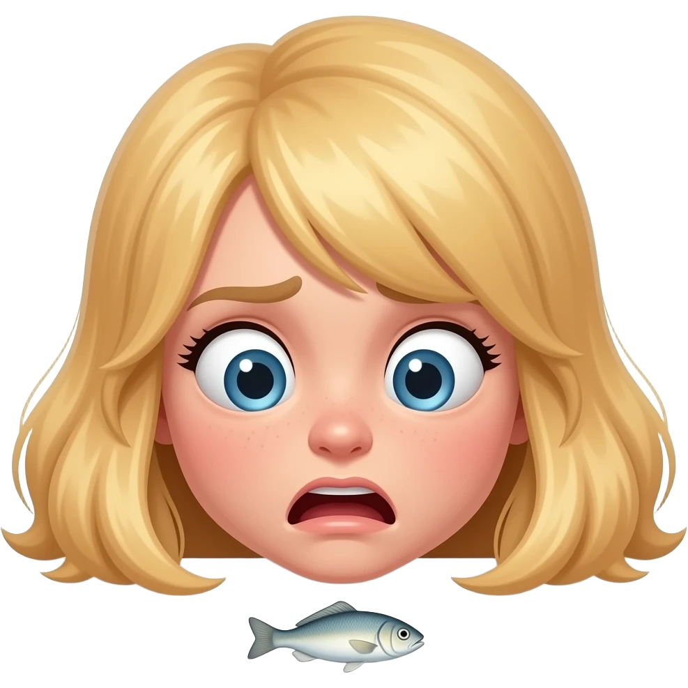 a blonde haired teenage girl scared looking at a fishing on the ground emoji