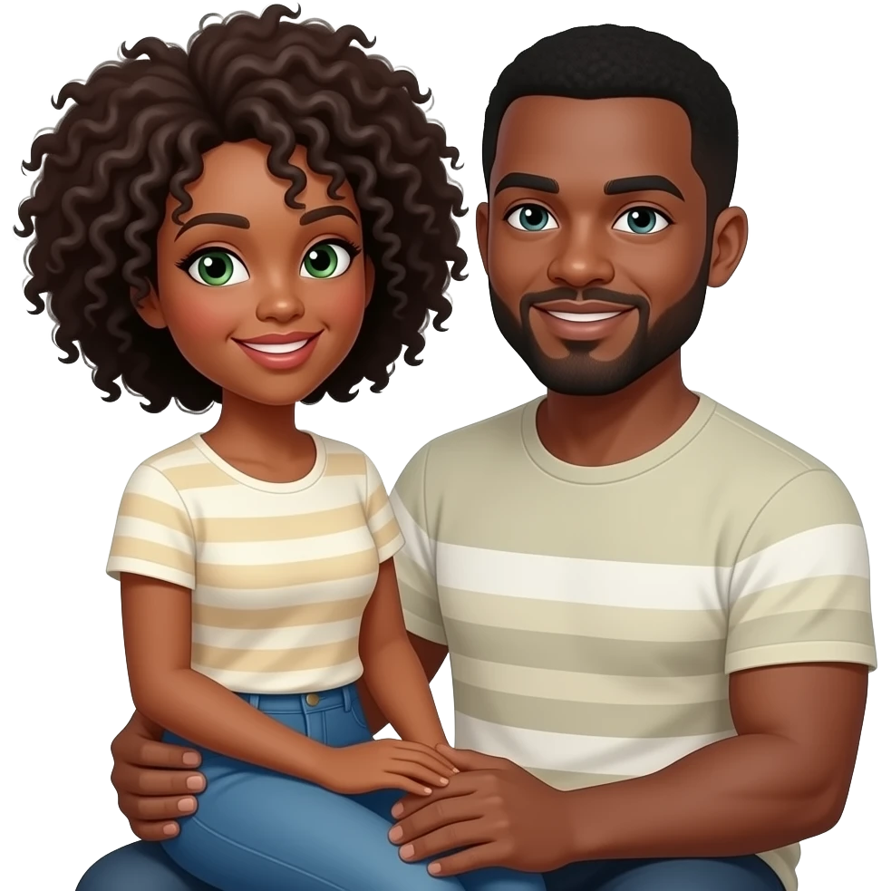 Lighter skinned Black woman with green eyes and afro sitting on light skinned black man’s lap emoji