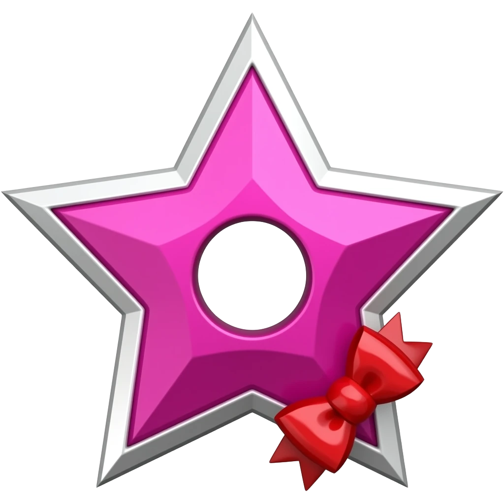 Pink star-shaped shuriken emoji, bright pink with white borders, big circular hole in center, small red bow on side, cute 3D emoji style, transparent background, front view, isolated emoji