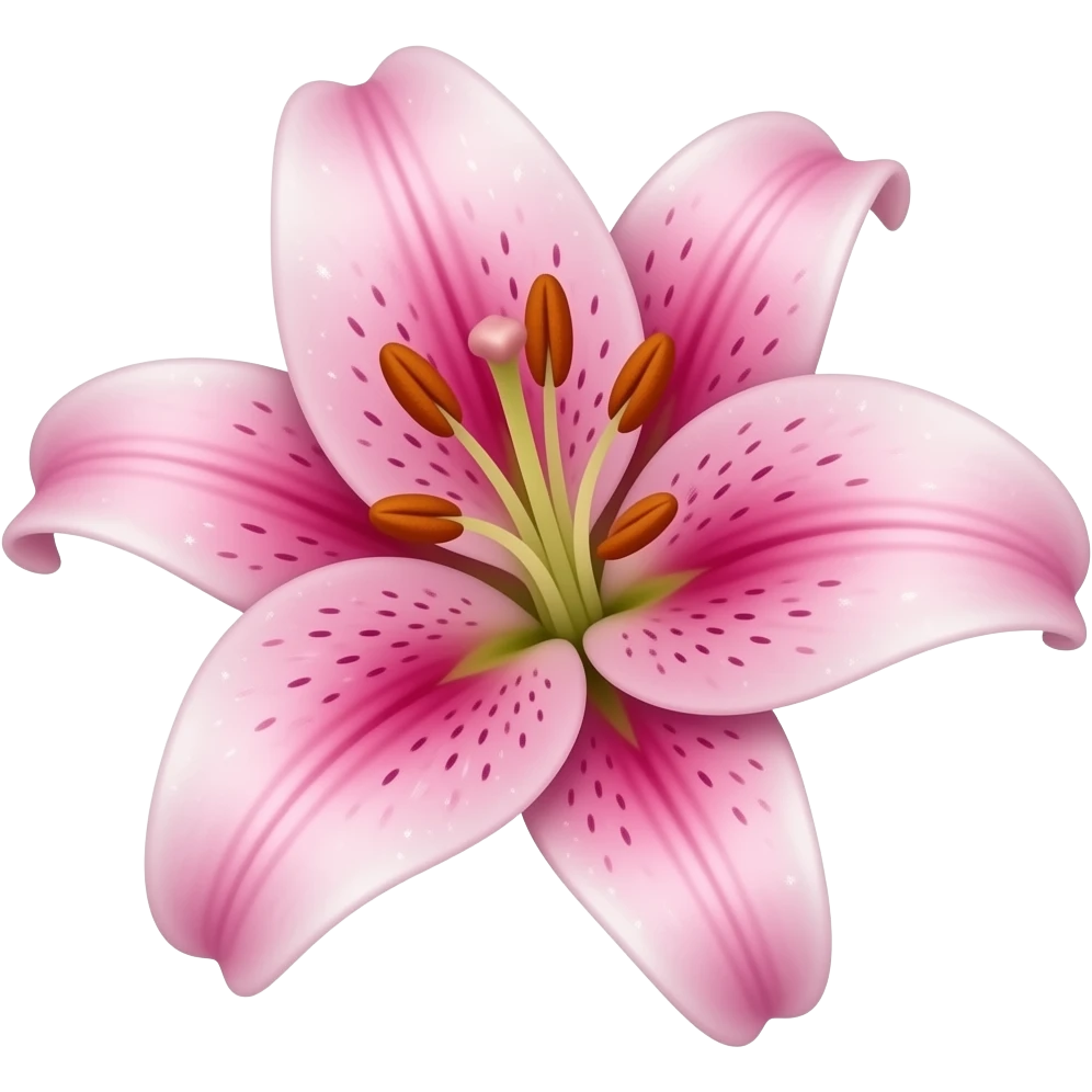 A pink lily in full bloom, featuring prominent golden anthers and delicate speckled petals with iridescent sparkles. The image has a whimsical, retro aesthetic with a shimmering glitter overlay and a clean, transparent background emoji