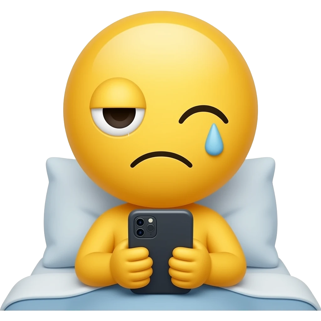 Cute & funny good morning yellow emoji face that just woke up but looks tired and has only one eye open and the other eye shut checking phone messages in bed emoji