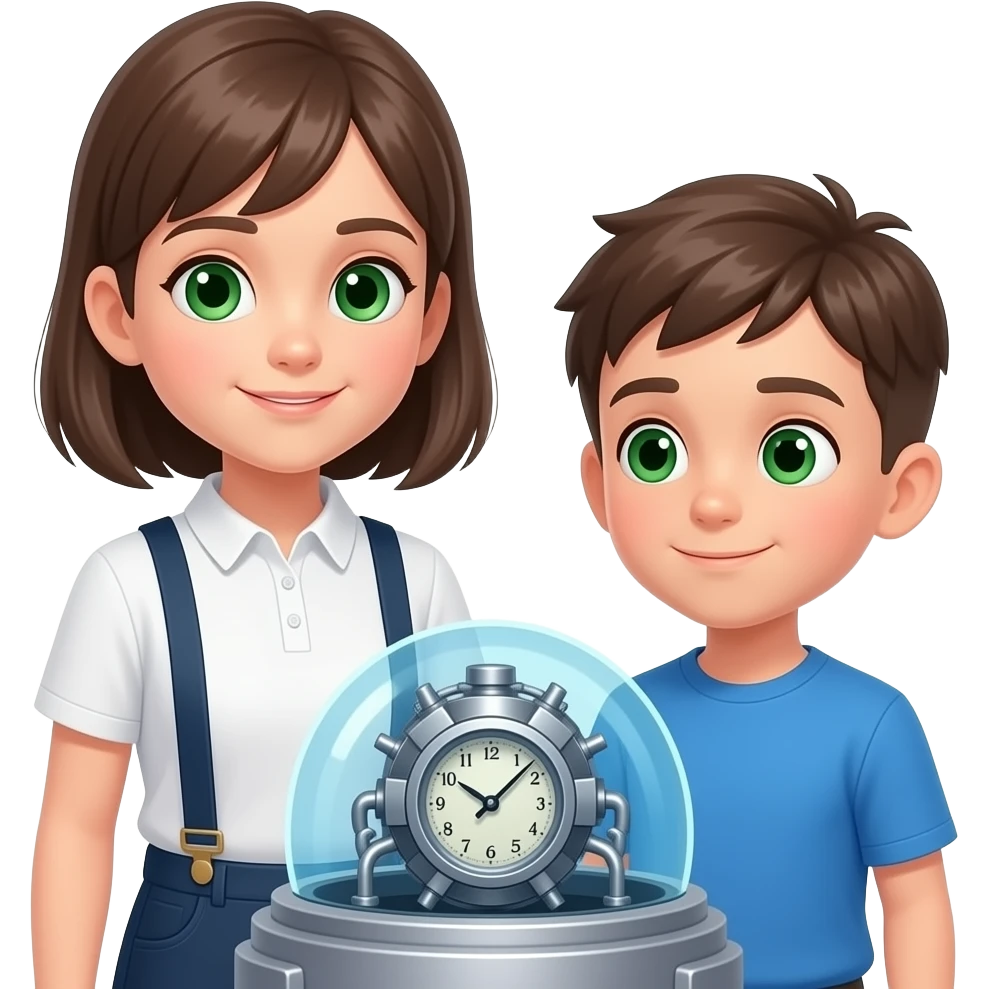 una maquina del tiempo rodeada por dos hermanos un chico i una chica los dos castanyo i ojos verdes (la chica mas grande que el i con ropa blanca con tirantes) i el chico con ropa azul) los dos estan mirando la maquina realista que se pueda entrar dentro emoji