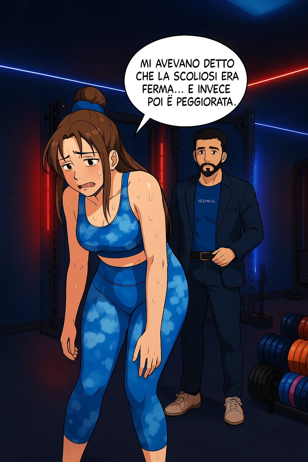fai questa immagine in versione fumetto/manga/webtoon a colori, il manga mostra l'uomo che risponde alla donne:
Succede spesso purtroppo. 
Forse non ti piacerà ma devi saperlo, per evitare danni, anche irreversibili, alla colonna vertebrale e un potenziale intervento chirurgico. emoji