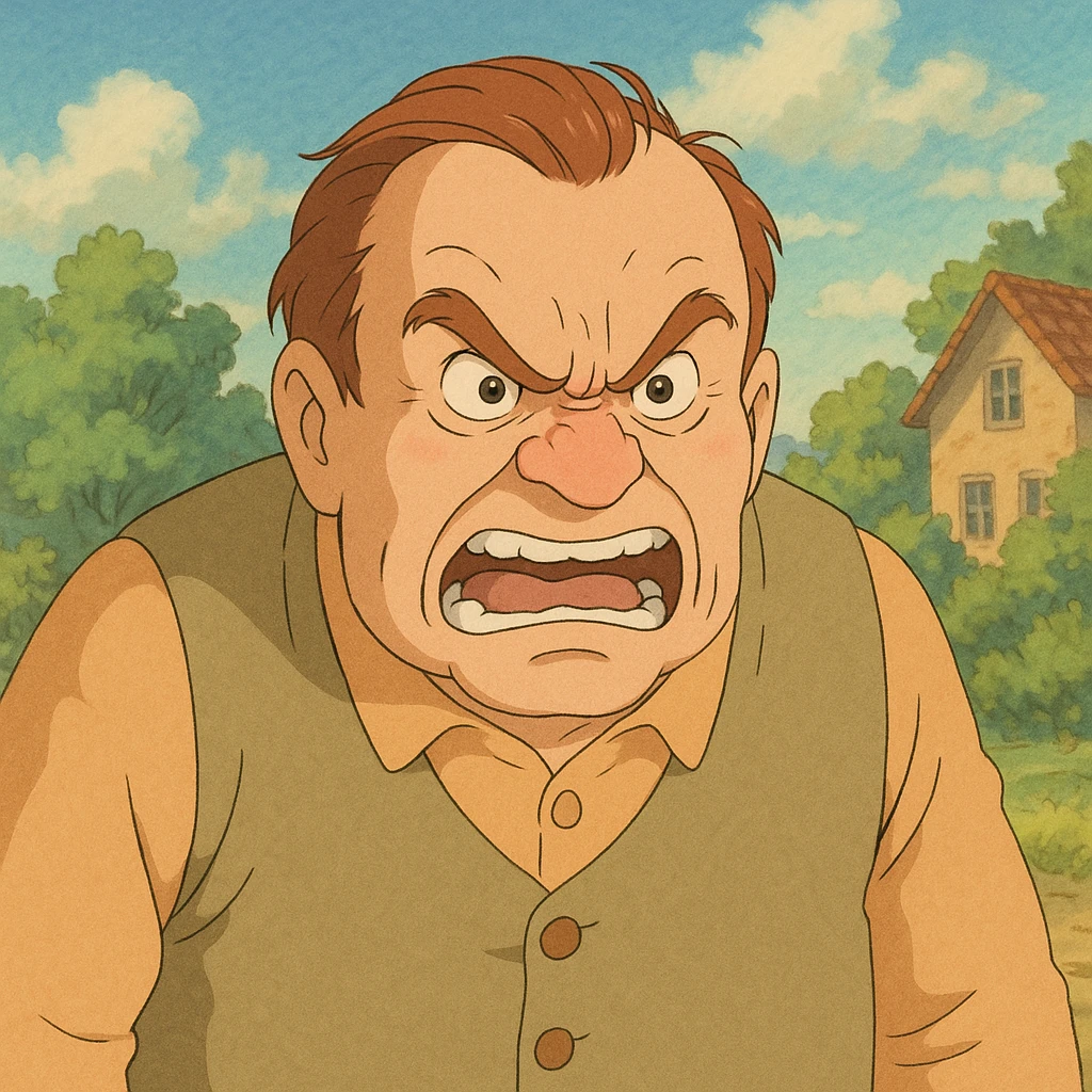 Henio from Tesco Poland ad, furious, ghibli style emoji