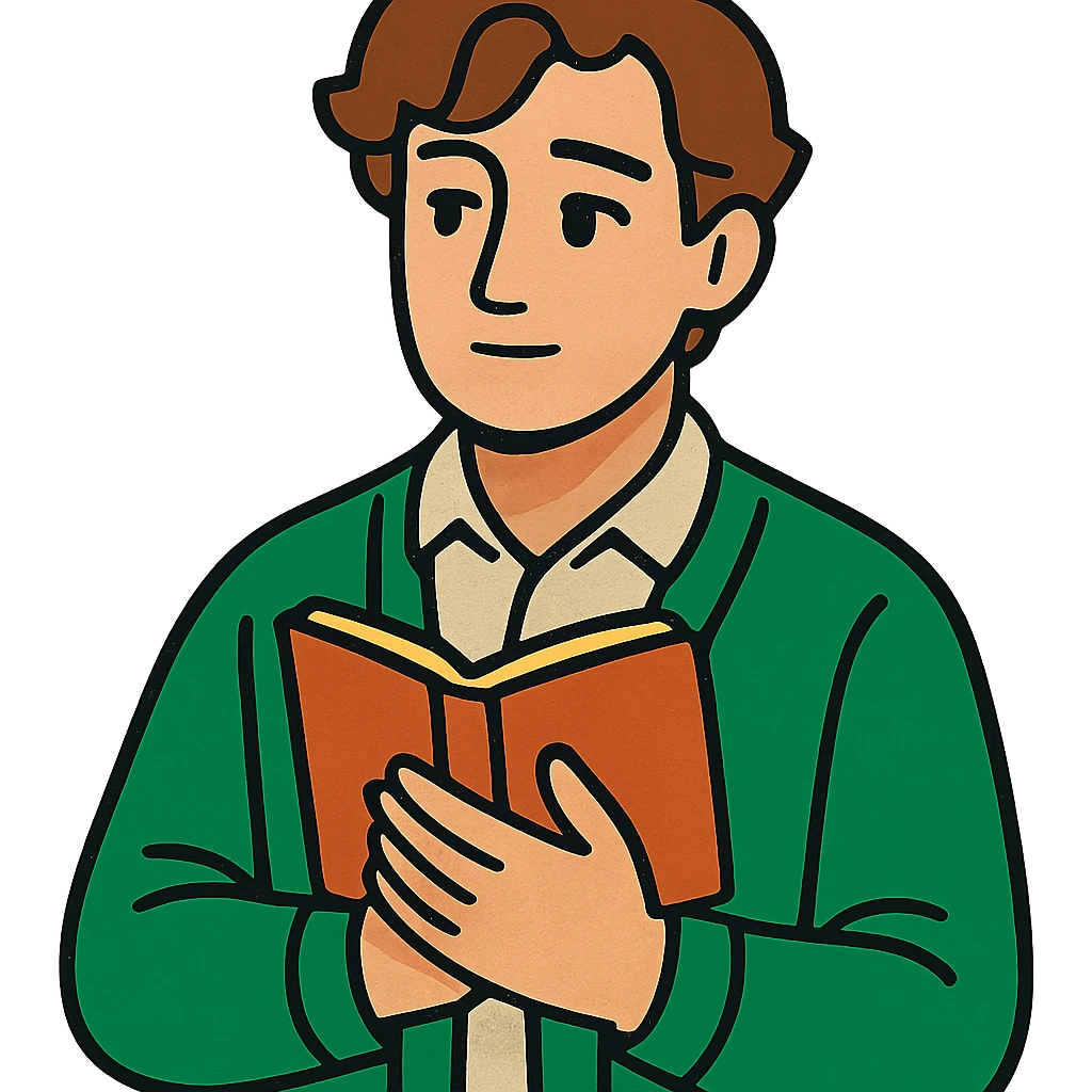 Calm and thoughtful male confidant, fair skin, soft wavy brown hair, gentle eyes, wearing a green cardigan over a light shirt, holding an open journal close to chest, waist-up, front-facing, pure background emoji