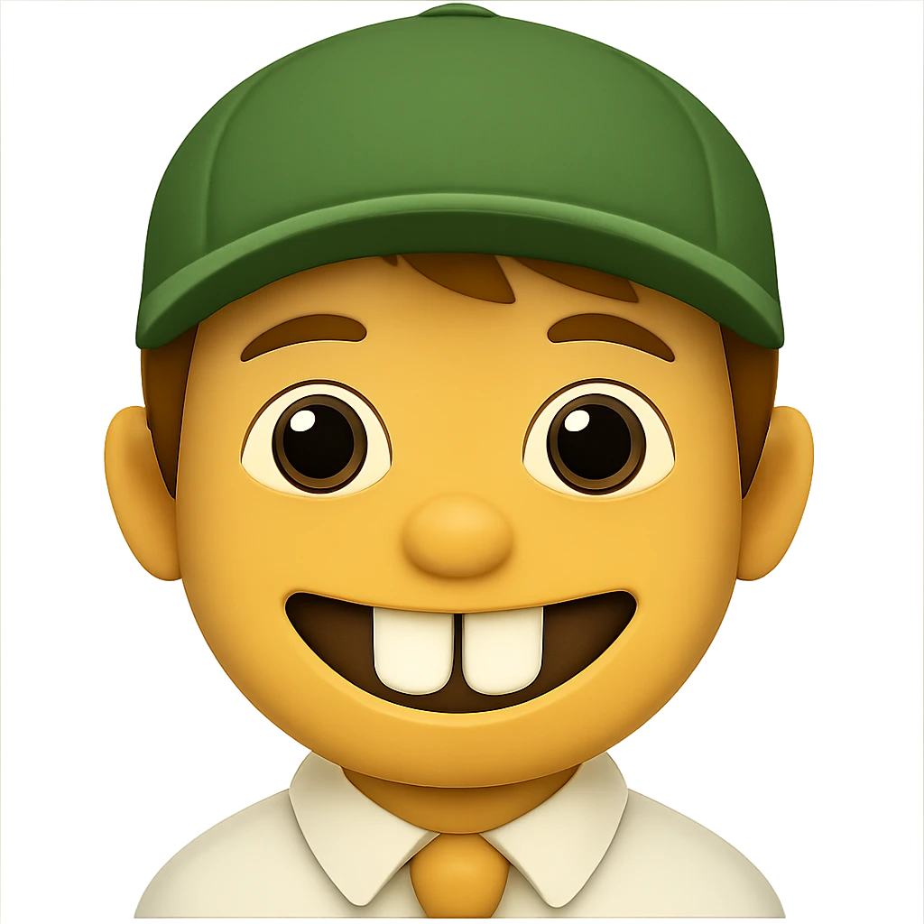 Edit the image of a schoolboy with big front teeth in the style of Apple emojis. Change the cap color to green. Keep the rest of the features consistent with the original Apple emoji style. No background, transparent background. emoji