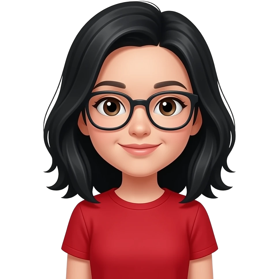 fond blanc + t shirt rouge pour cette image stp, garde l'avatar fille avec ces détails + cheuveux sous les épaules noirs +lunettes emoji
