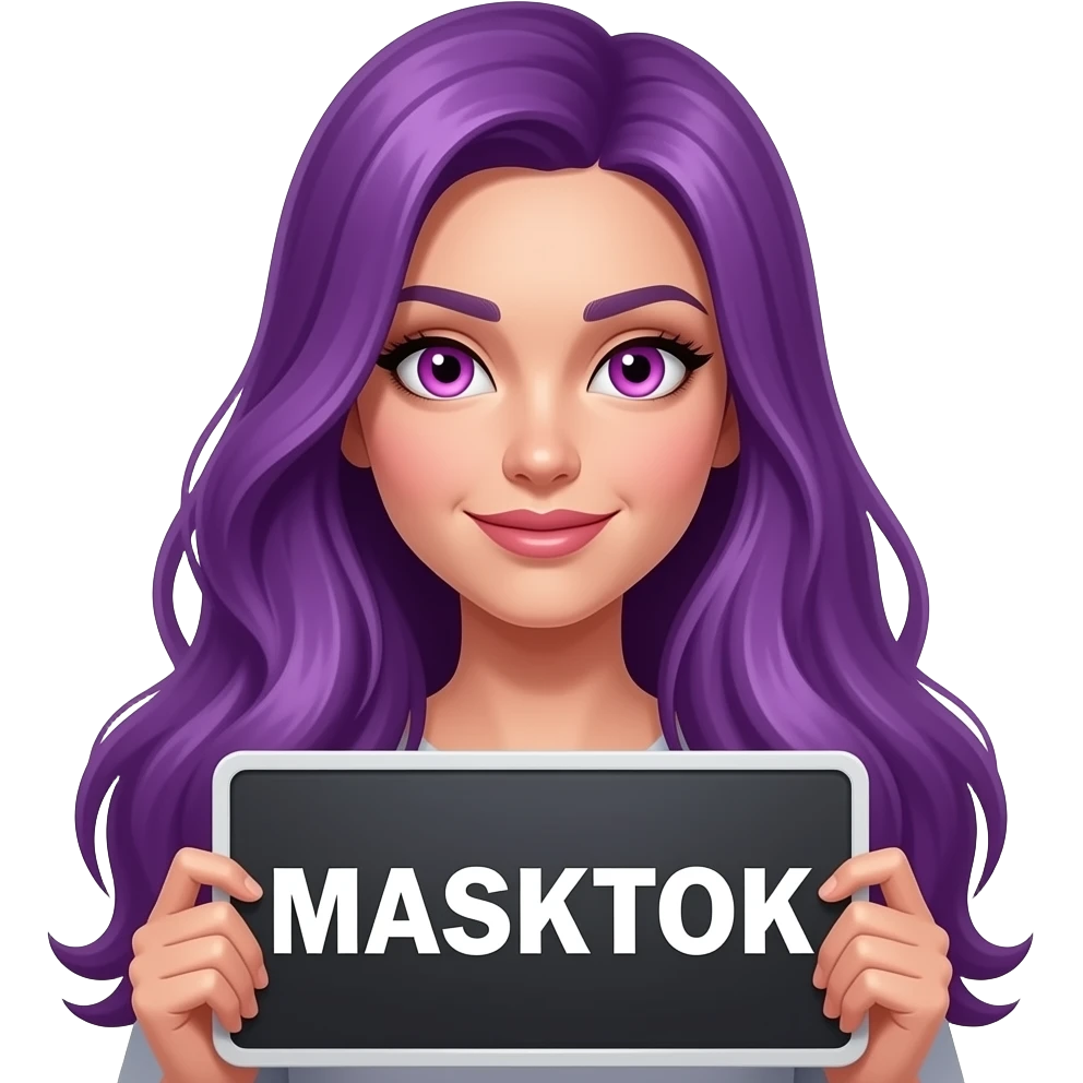 sexy girl with long purple hair and pink eyes holding a MASKTOK sign emoji