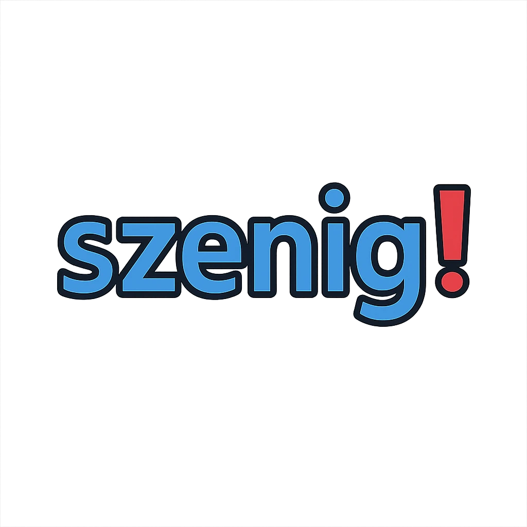 the word 'szenig!' in blue letters with the exclamation mark in red, modern clear style, no background, minimalistic digital look emoji