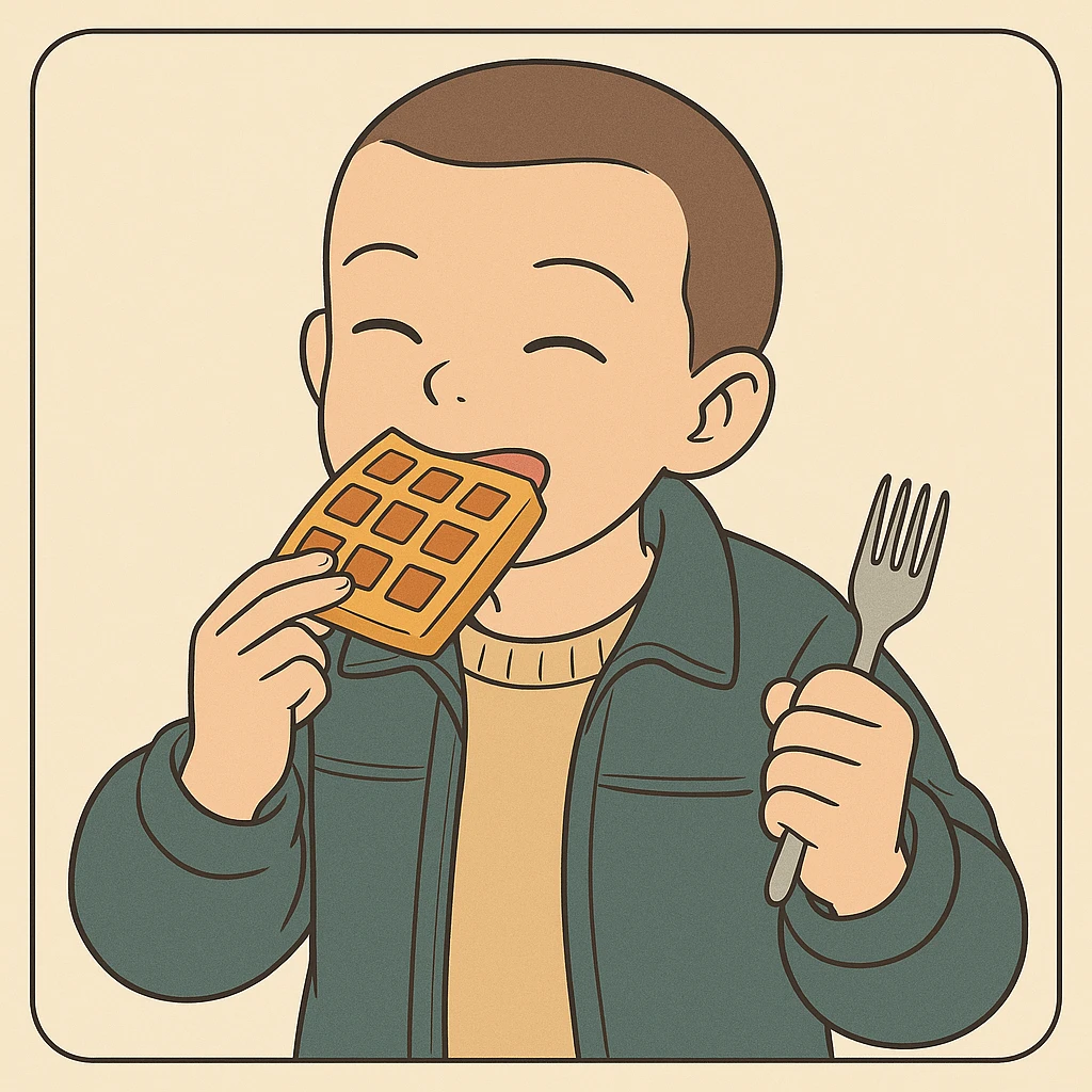 Eleven from Stranger Things eating a waffle, shaved head, wearing a jacket, playful expression, simple line art, light pastel tones, thick outlines, in Ghibli style, square 1:1 format emoji