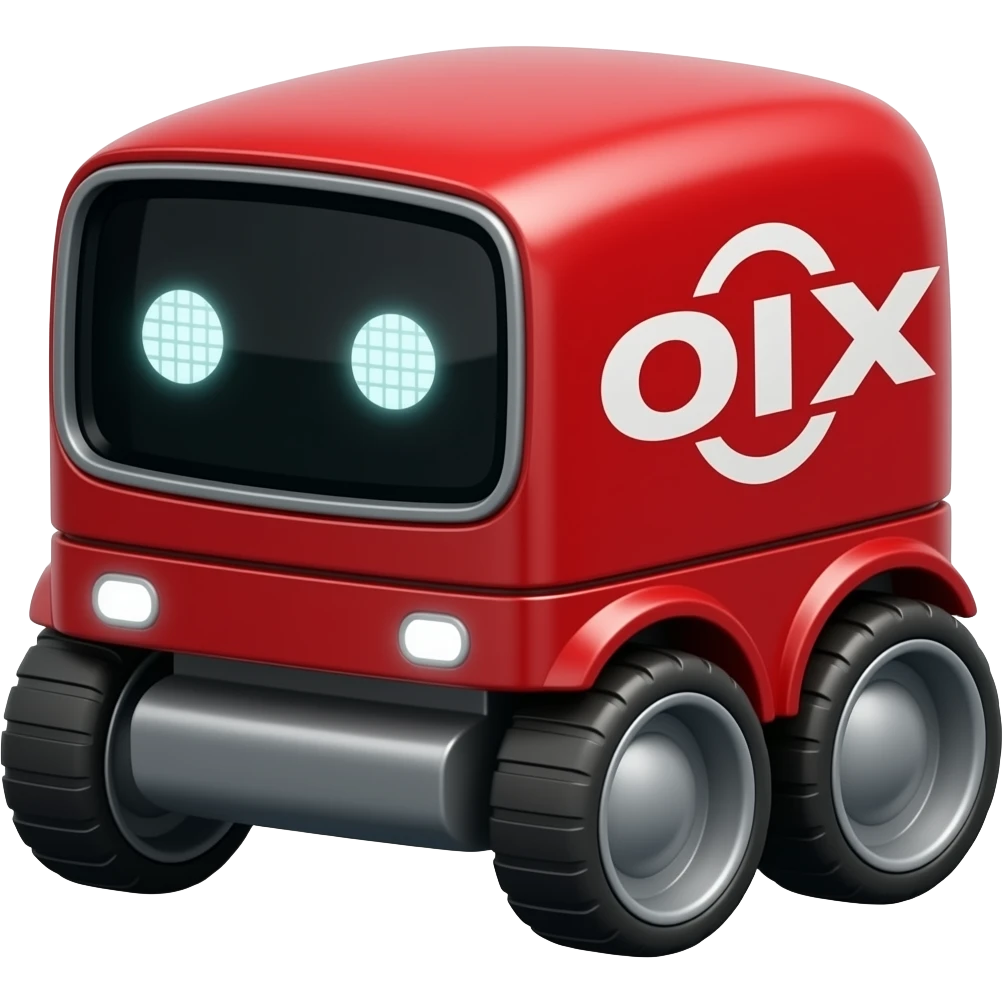 A red square with 4 wheels and a display showing white led eyes as the delivery robot emoji