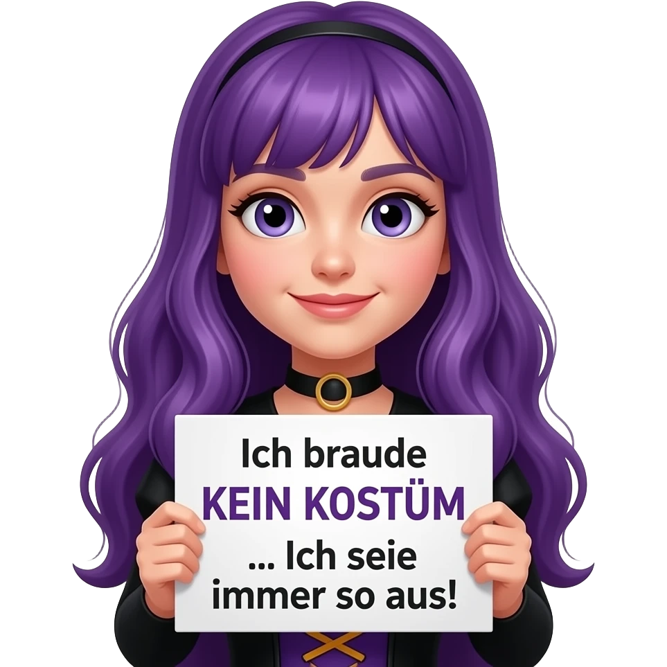 girl with long purple hair wearing a halloween costume holding a Ich brauche KEIN KOSTÜM... Ich sehe immer so aus! sign emoji
