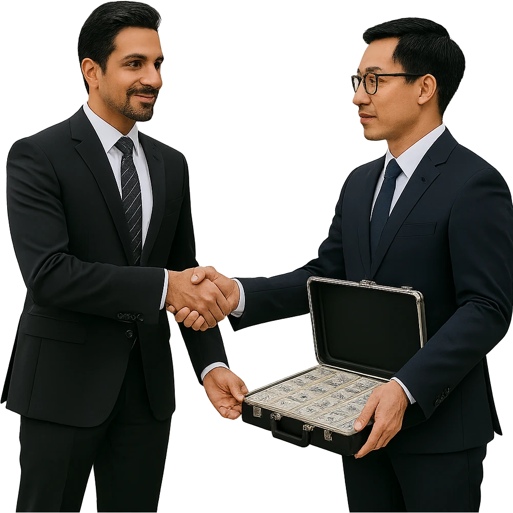 Remove the background so the scene is on a transparent background. The scene shows a light-skinned Indian man with a goatee handing a briefcase of money to a Chinese man, both shaking hands, with an AMG car in the background. emoji