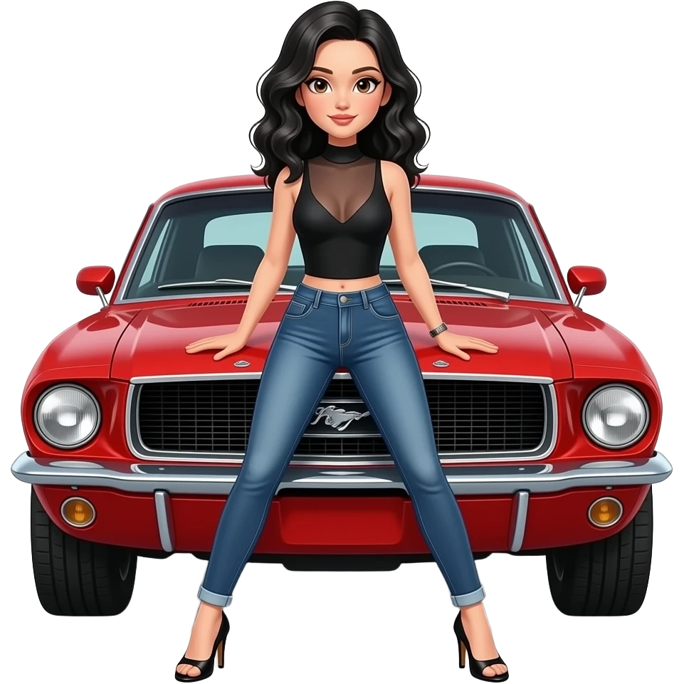 Pale girl with black wavy hair and brown eyes in front of a red ford mustang 1968 coupe. Girl wearing a sheer black sleeveless top, medium neckline, jeans and heels with visible toes. Legs wide spread and hands resting on the hood. emoji