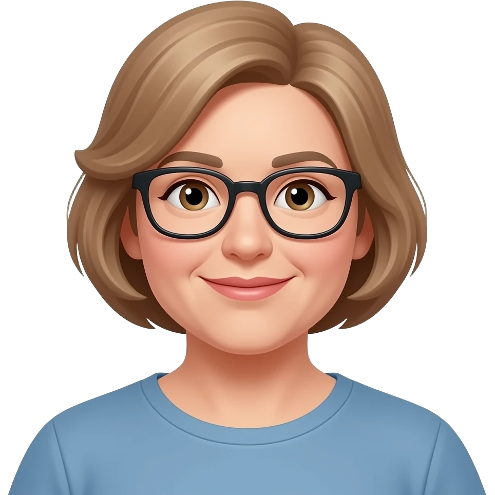 A 51-year-old woman who is slightly overweight, with short, light brown hair, wears glasses, and loves to cook emoji