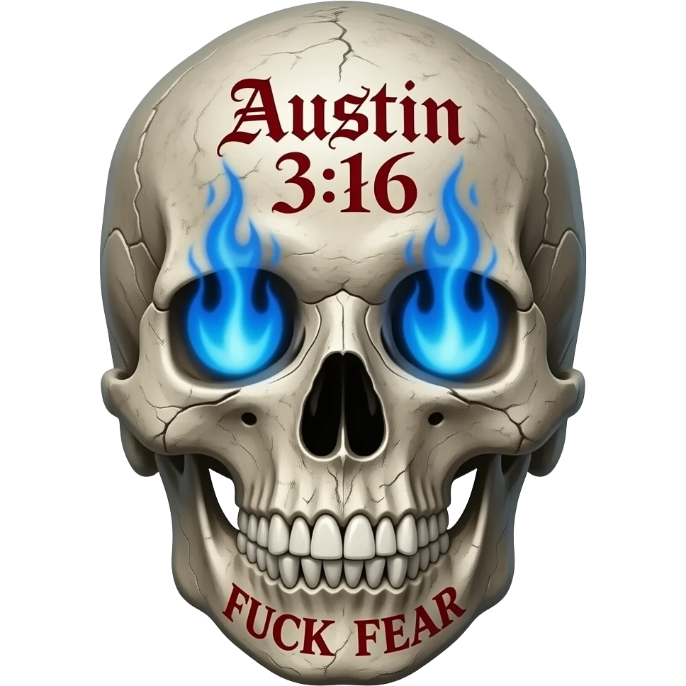 human skull, partially missing top, FUCK FEAR carved on jaw, slightly open, teeth chipped, Austin 3:16 carved in forehead, eye & nose cavity with blue flames, words a red Gothic font, entire skull is aged, sun dried, weathered emoji