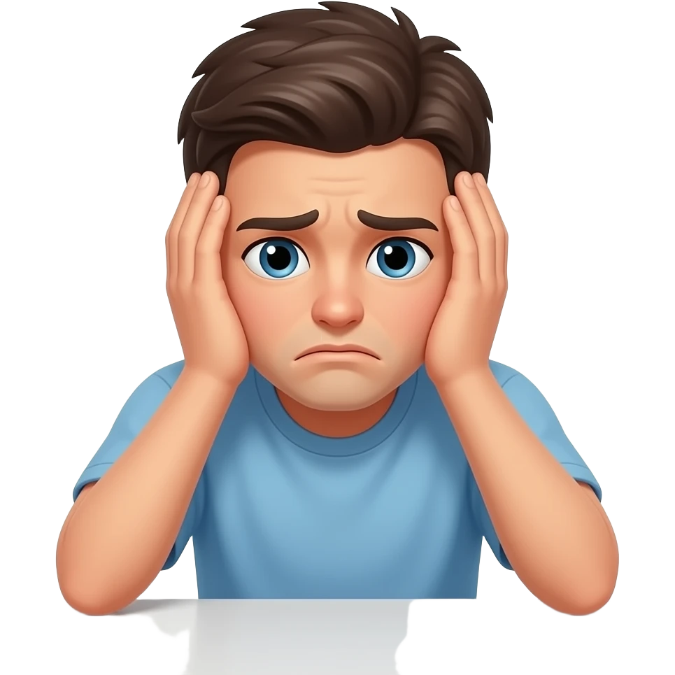 very annyoyed young person sitting on a table, head in the hands emoji