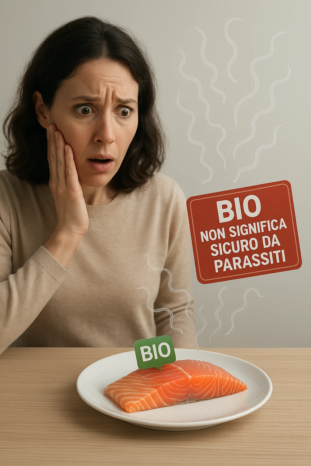 Donna tra i 30 e i 40 anni, seduta a tavola con espressione sorpresa e preoccupata mentre guarda un piatto elegante di salmone crudo etichettato 'BIO'. In trasparenza sopra il salmone si vedono parassiti intestinali stilizzati, come larve o vermi sottili, fluttuanti nell’aria. Accanto al piatto, una scritta fluttuante in stile etichetta rossa avverte: 'BIO non significa sicuro da parassiti'. Atmosfera visivamente pulita ma con tensione sottile, colori realistici con accento sul contrasto tra immagine 'salutare' e minaccia invisibile emoji