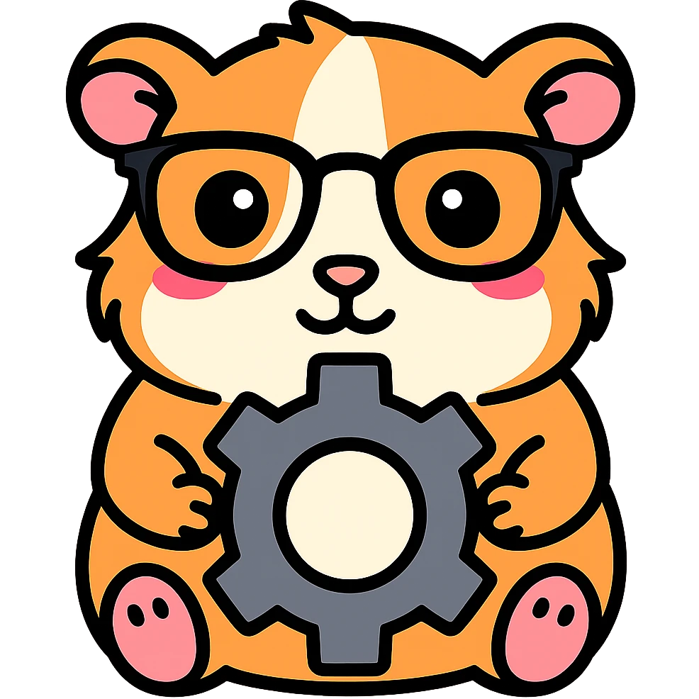 Make the guinea pig match the original reference: same face and glasses style, but holding a gear for a settings app, in a cute, outlined, colorful style. emoji