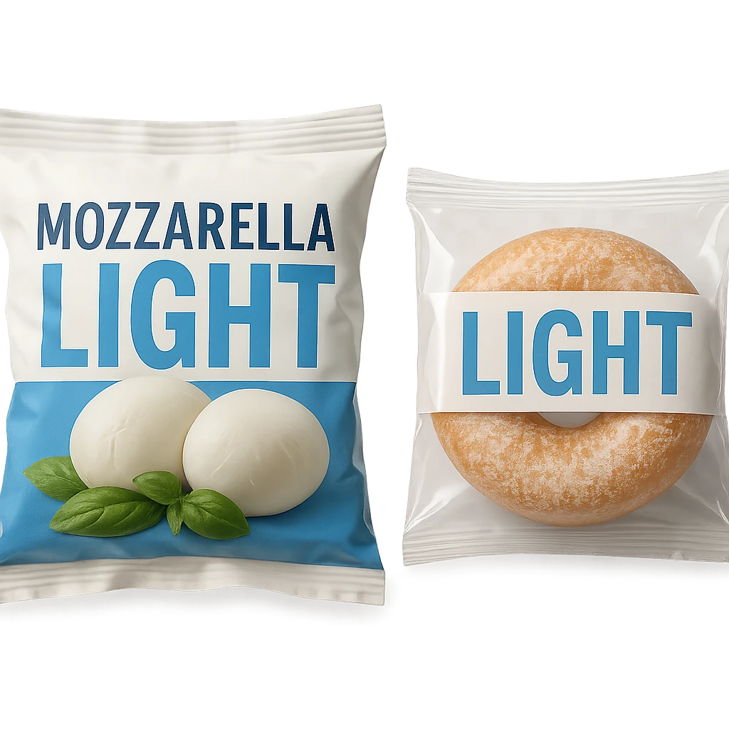 PACCHTTO DI MOZZARELLA LIGHT CON LA SCRITTA "LIGHT" SULLA CONFEZIONE, ACCANTO AD UN DONUT CONFEZIONATO CON LA SCRITTA "LIGHT" SULL'ETICHETTA,  iperrealistico 4k emoji