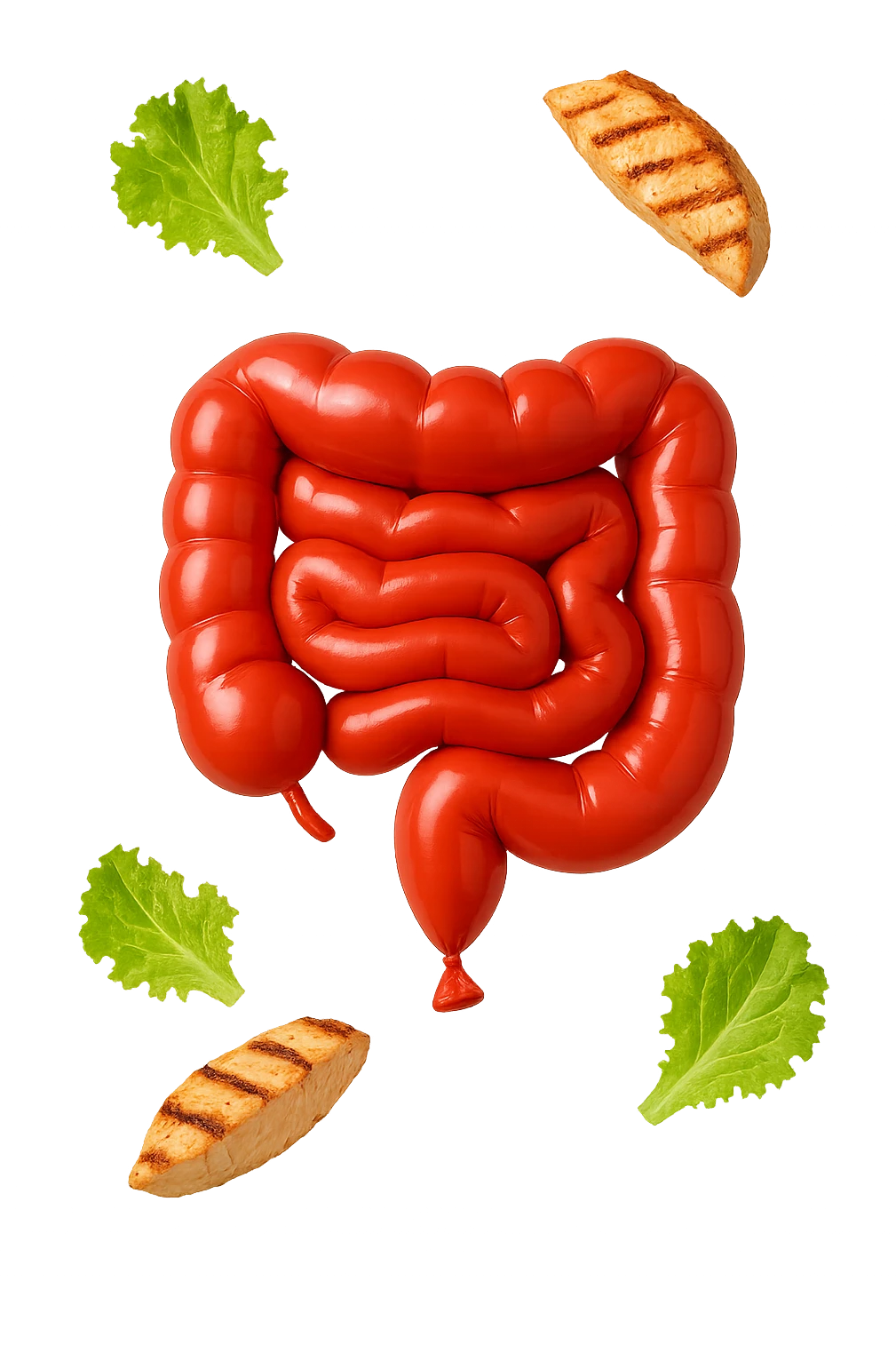 intestino chiuso in un palloncino rosso e foglie di insalata e petto di pollo grigliato che fluttuano intorno emoji