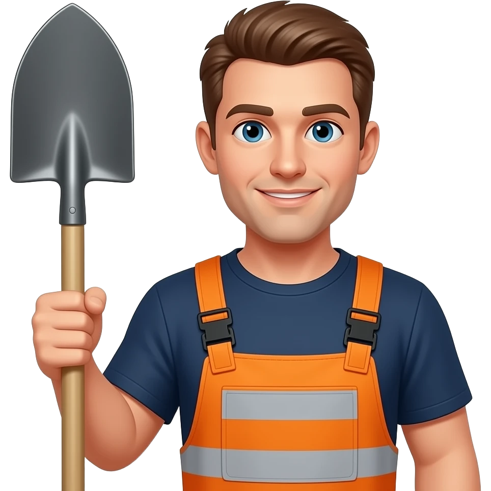 1 man in orange hi-vis overalls one with a shovel emoji