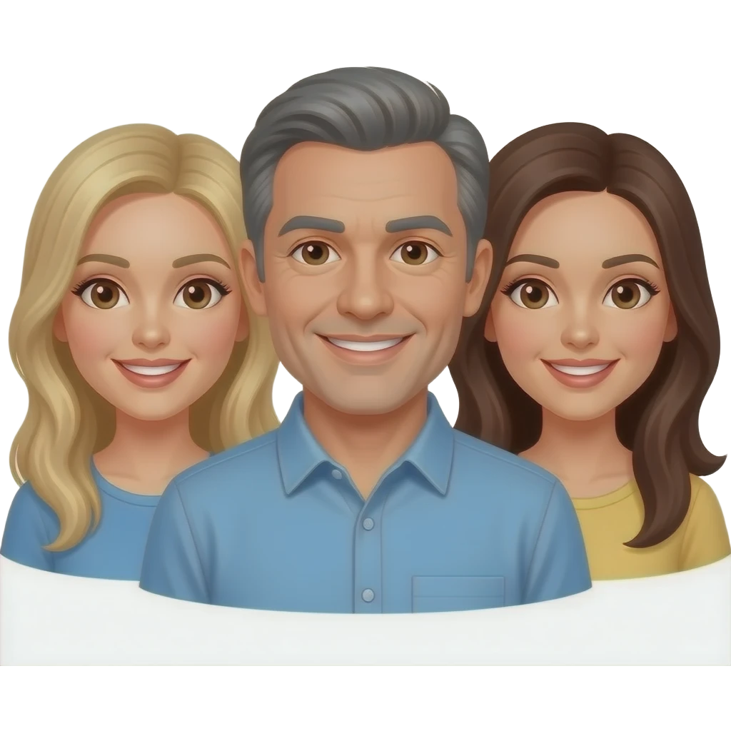 Make a throuple emoji One highlighted blonde long hair female with brown eyes, one brunette/gray hair male, one brunette long hair female with brown eyes   Make the male in the center emoji