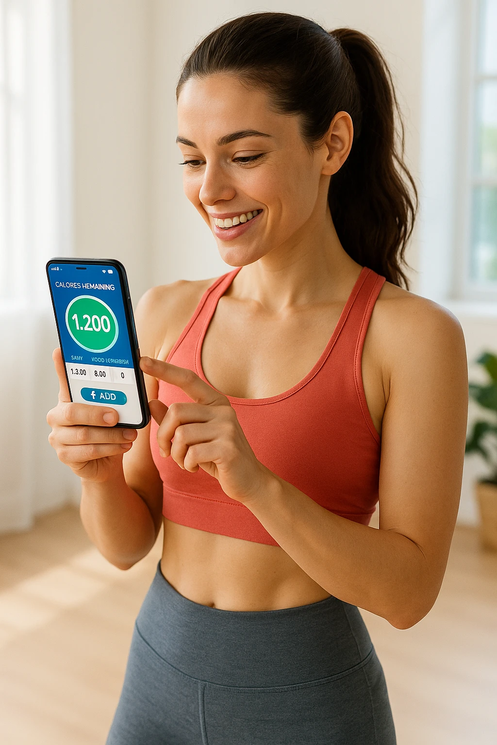 Donna sportiva che usa app contacalorie come myfitnesspal emoji