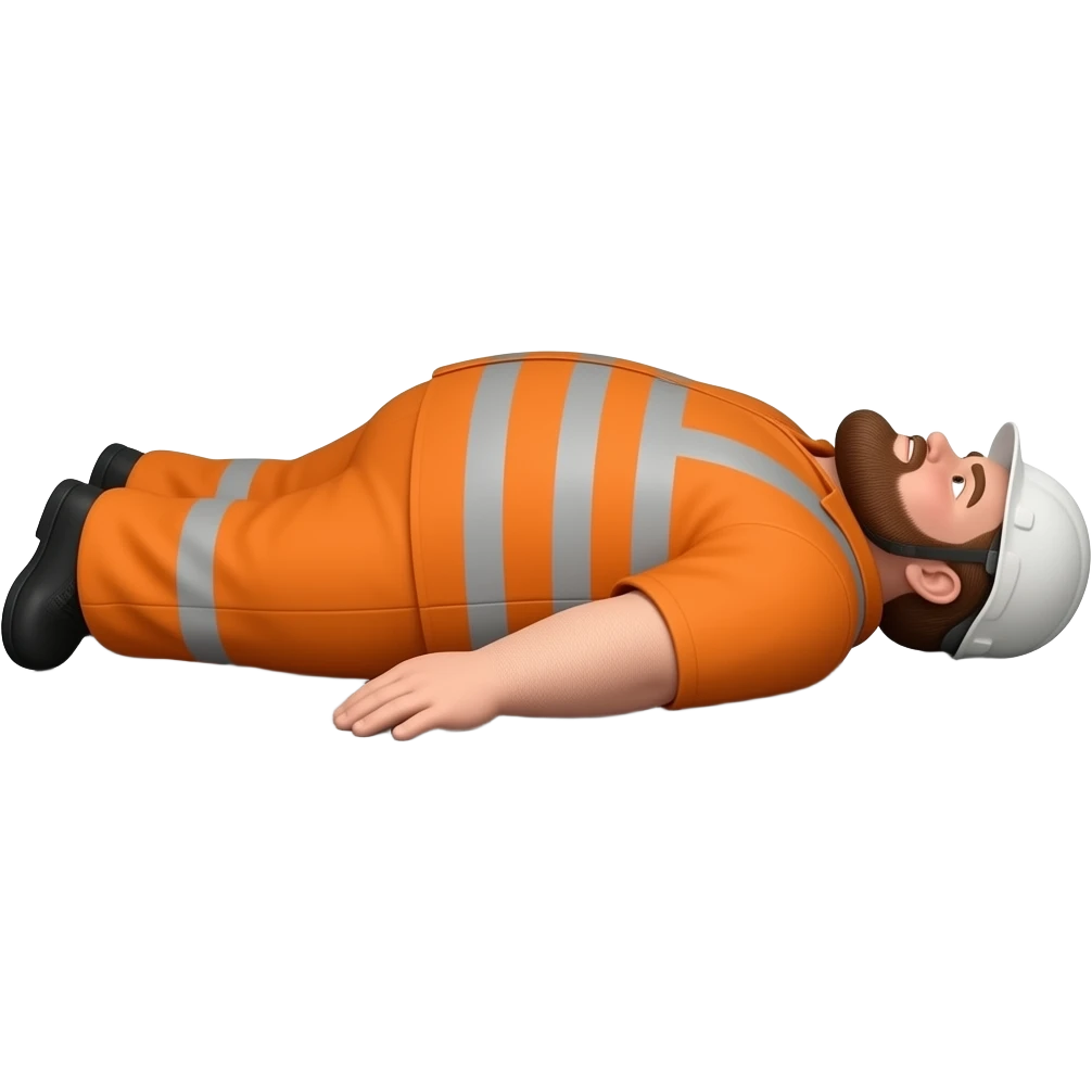 fat MAN IN ORANGE HIVIS OVERALLS, no helmet, laying face down on floor, side view emoji