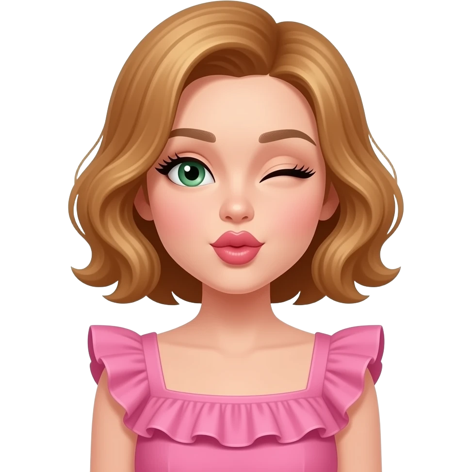 white, very beautiful woman, with big plump lips, long long lashes, honey wavy short hair, green eyes, winking and blowing a kiss from waist up. Wearing a pink frilly dress emoji
