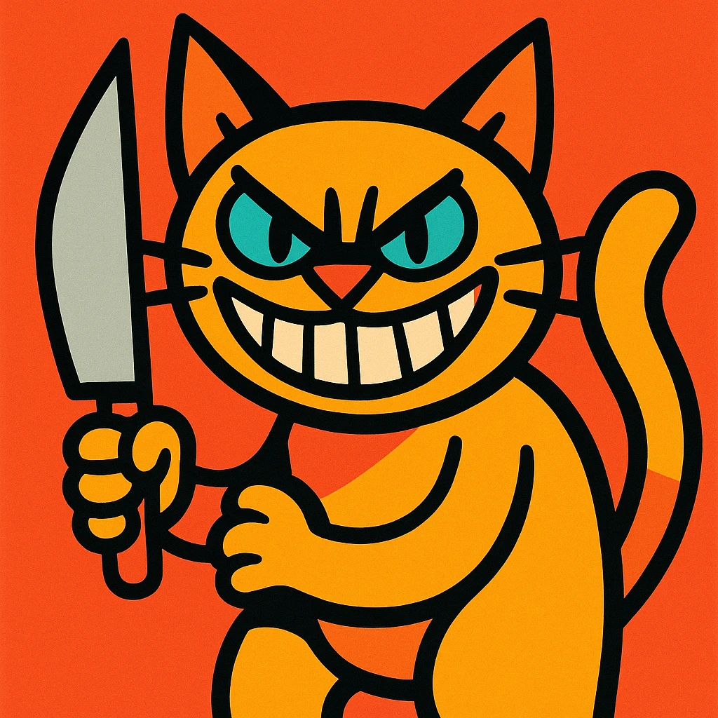 a grinning cat wielding a knife, looking menacing, playful art style, bold colorful illustration emoji