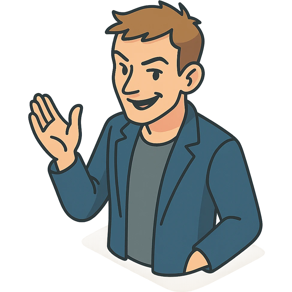 Lively and clever male debater, fair skin, short messy light brown hair, sharp eyes with a mischievous smile, wearing indigo blazer over a casual t-shirt, one hand raised mid-gesture, waist-up emoji
