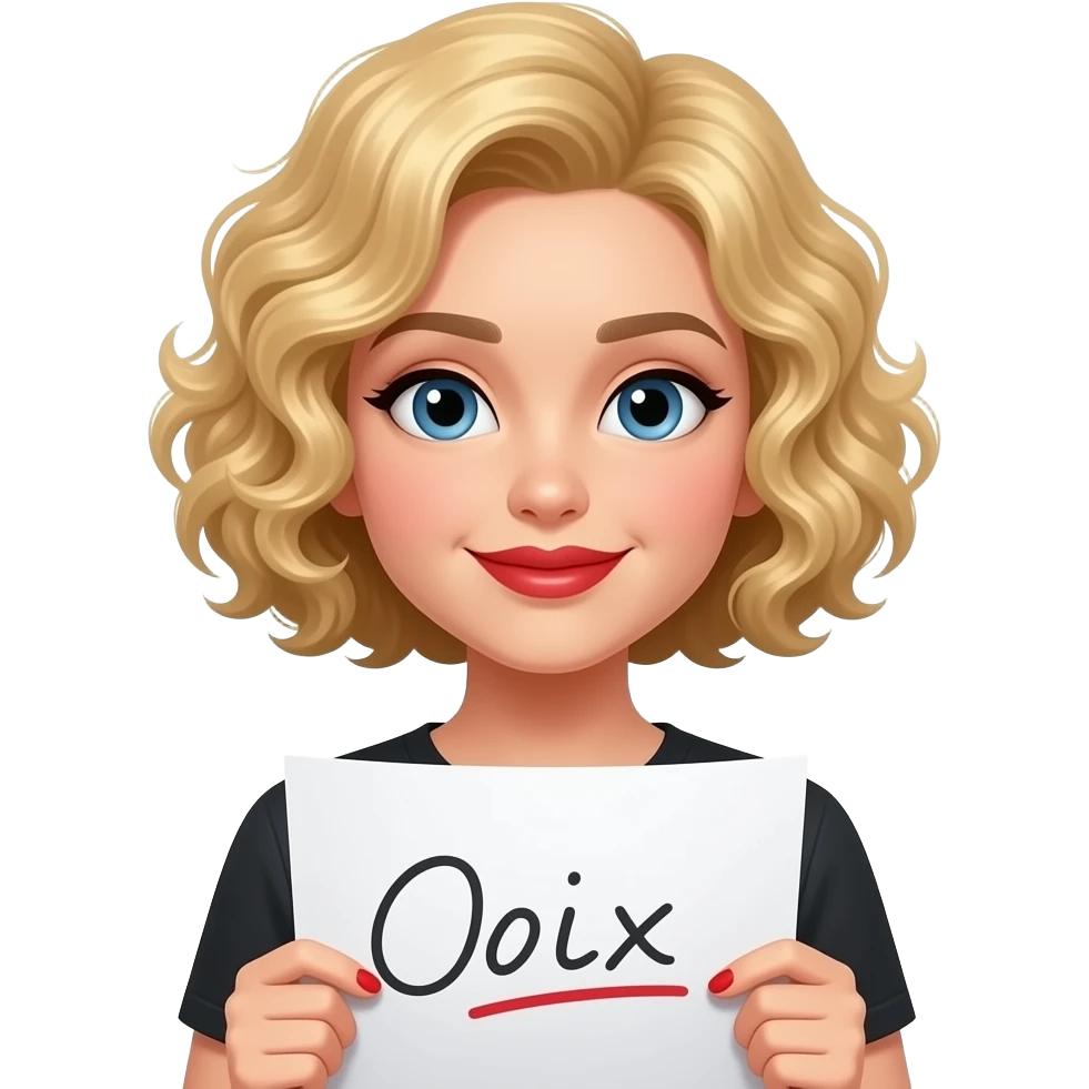 short blonde tight curly hair bob looking holding a paper with subtitles written on it in red lipstick emoji