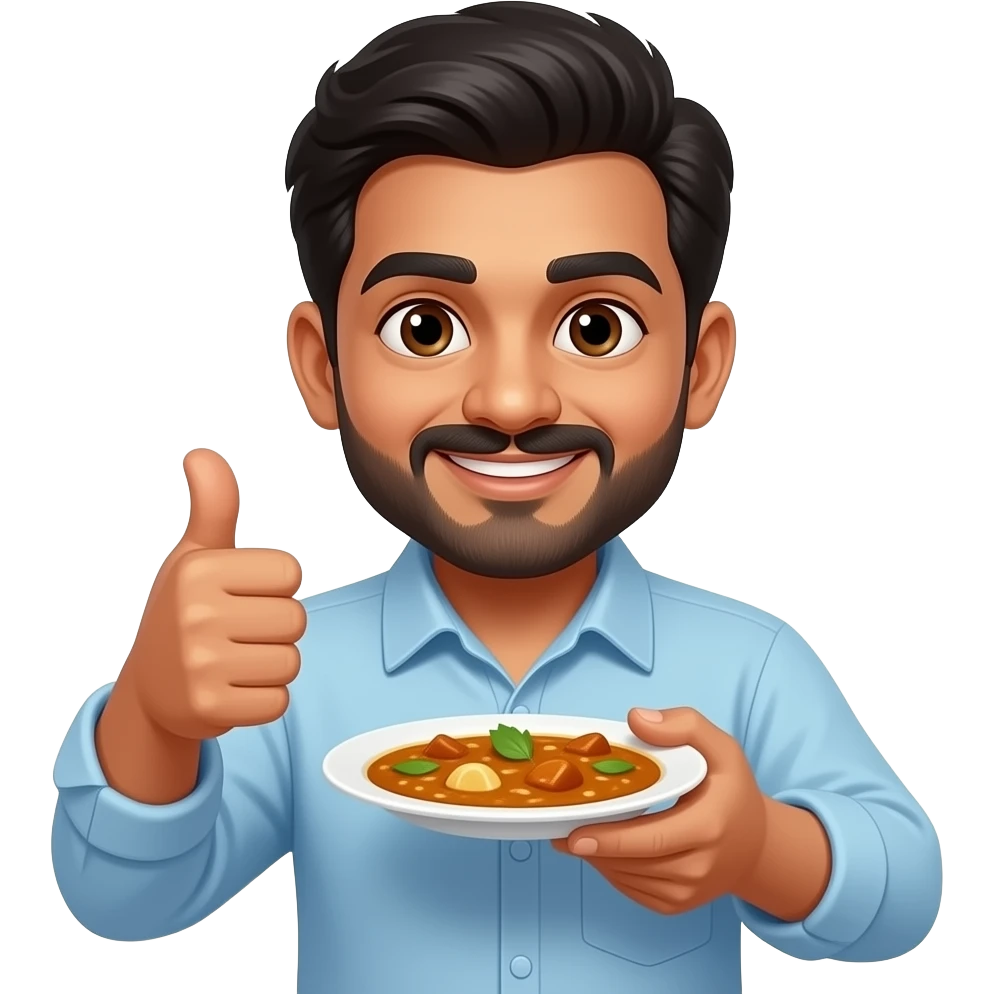 An Indian man eating curry with his thumbs up emoji