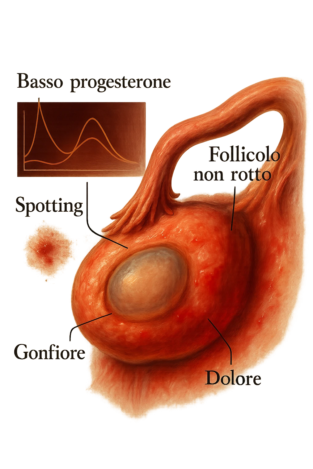 realistic and cinematic illustration of an ovary with an unruptured follicle, low progesterone, hormonal fluctuations, symptoms of spotting, pain and swelling, clinical details, captions in Italian emoji