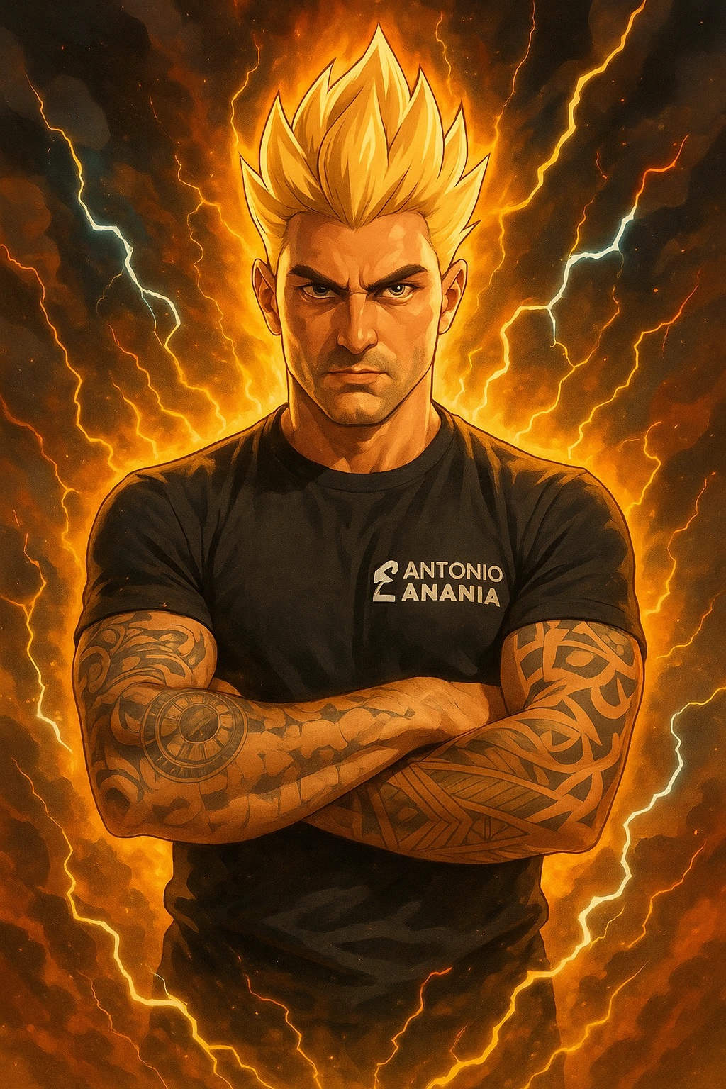 a muscular man with spiky hair stands in a powerful pose, surrounded by a glowing, fiery aura reminiscent of Goku’s Super Saiyan transformation. His eyes are intense and determined, and his body radiates energy and confidence. Lightning bolts and energy waves crackle around him, symbolizing a surge of testosterone and vitality. The background is dramatic, with swirling clouds and vibrant colors. emoji