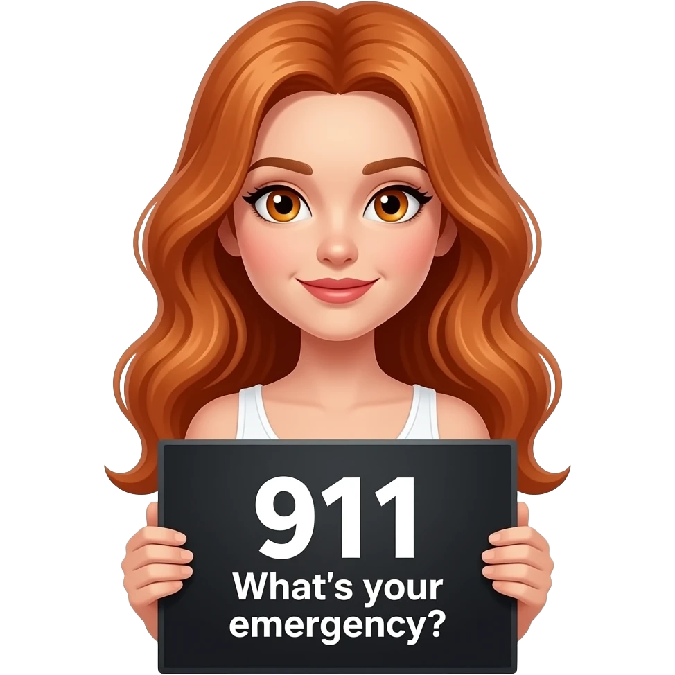 sexy girl with long wavy ginger hair and ginger eyes wearing a white tanktop is holding a black colored sign with 911 What's your emergency? written on it emoji