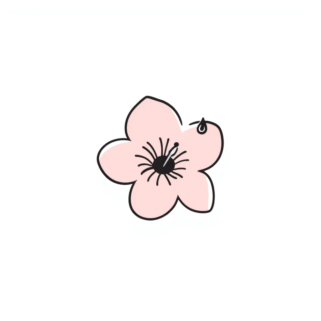 single soft pastel sakura blossom, Japanese hand-drawn kawaii style, full object, transparent background, with a tiny dew drop emoji