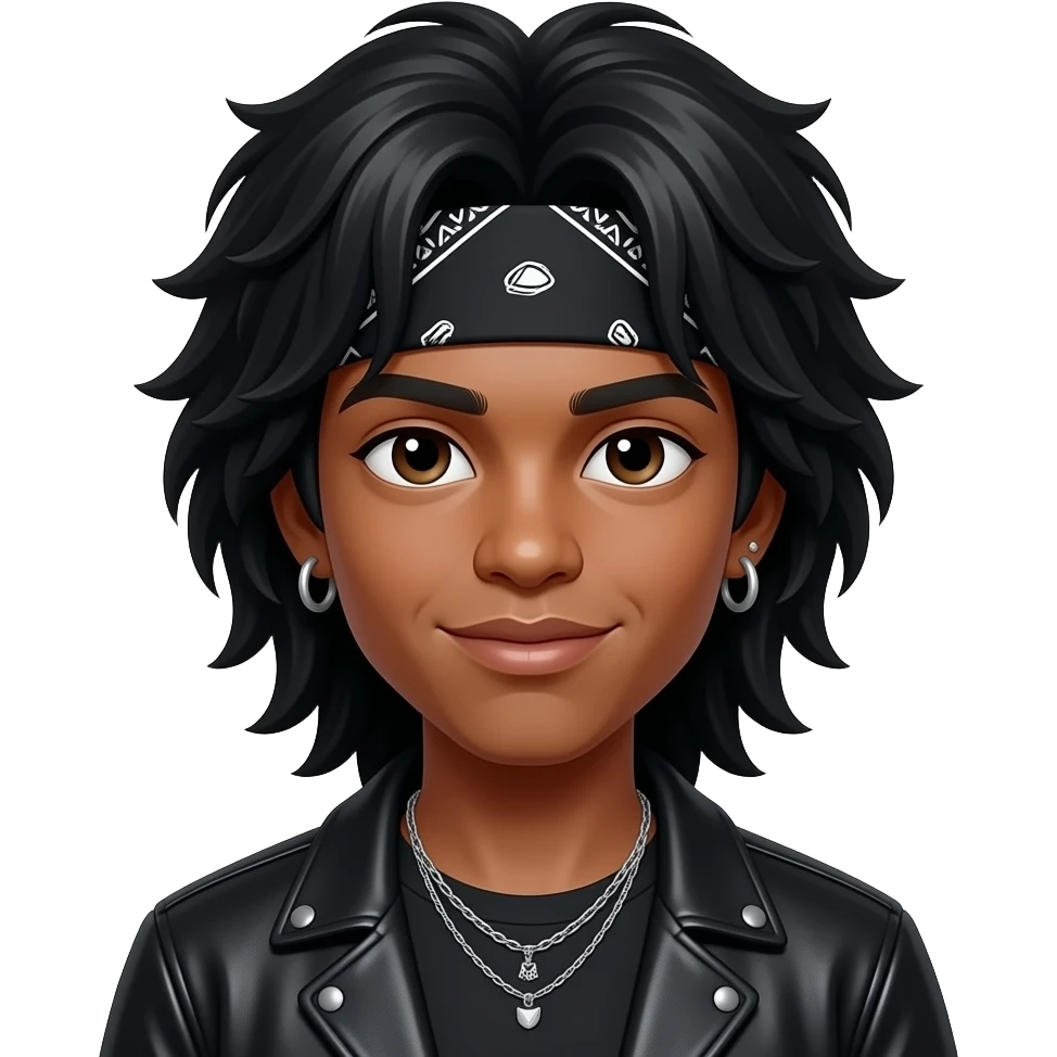 Un chico rockero Moreno de cabello negro y largo estilo 80s cin una bandana e la frente emoji