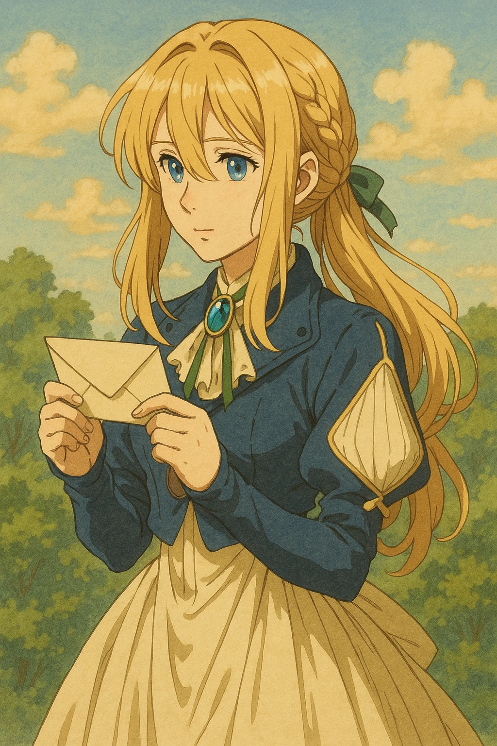 Violet Evergarden, elegant anime girl with long blonde hair, blue eyes, wearing a blue and white dress with a brooch, holding a letter, in a soft, detailed anime style emoji