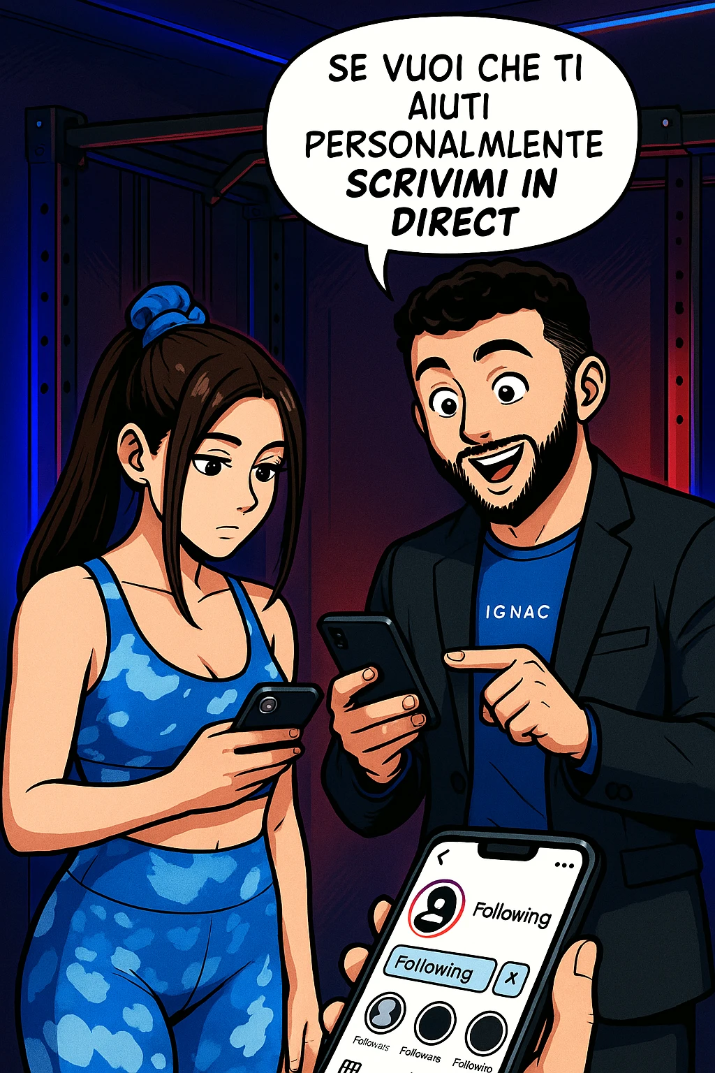 TRASFORMA QUESTO CAROSELLO IN UN FUMETTO STILE WEBTOON/MANGA A COLORI CON QUESTE DUE PERSONE IDENTICHE CHE INTERLOQUISCONO TRA LORO, L'UOMO MOSTRA UNO SMARTPHONE ALLA DONNA INDICANDOLO, E ANCHE LA DONNA HA LO SMARTPHONE IN MANO PER ANDARE A SEGUIRE IL SUO PROFILO INSTAGRAM:

LUI (UOMO): Se vuoi che ti aiuti personalmente
SCRIVIMI IN DIRECT emoji
