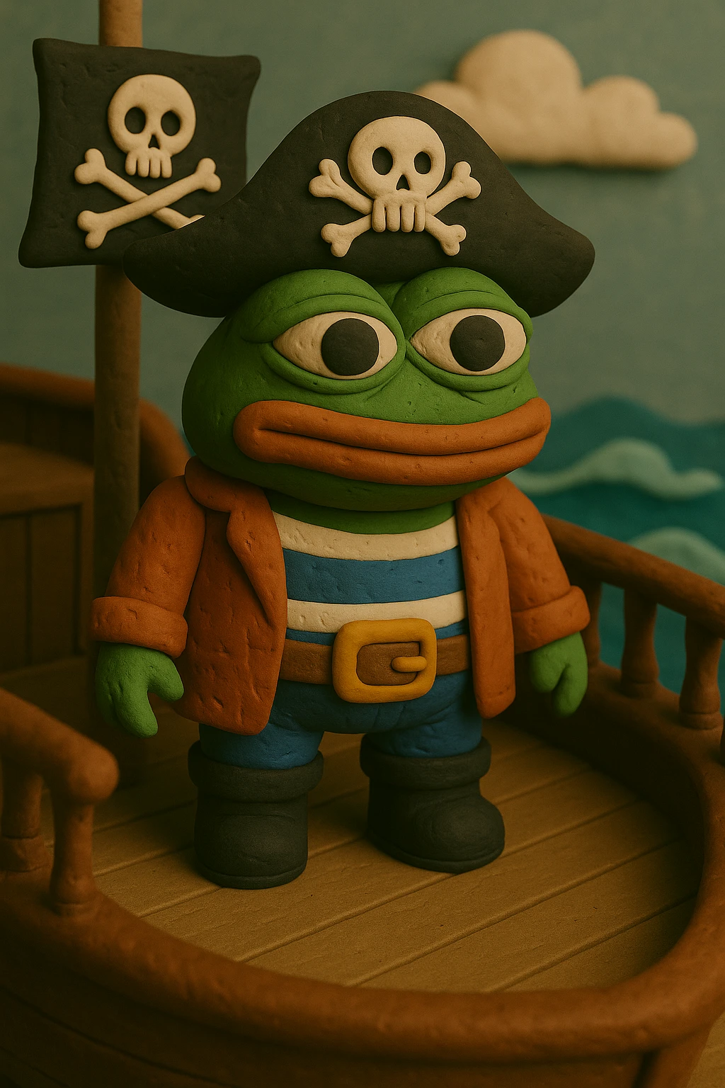 Ensure the exact skull and crossbones is clearly visible on both the pirate flag and the pirate hat in the claymation style image of Pepe the Frog in pirate attire, standing on a pirate ship deck, ocean scene. emoji