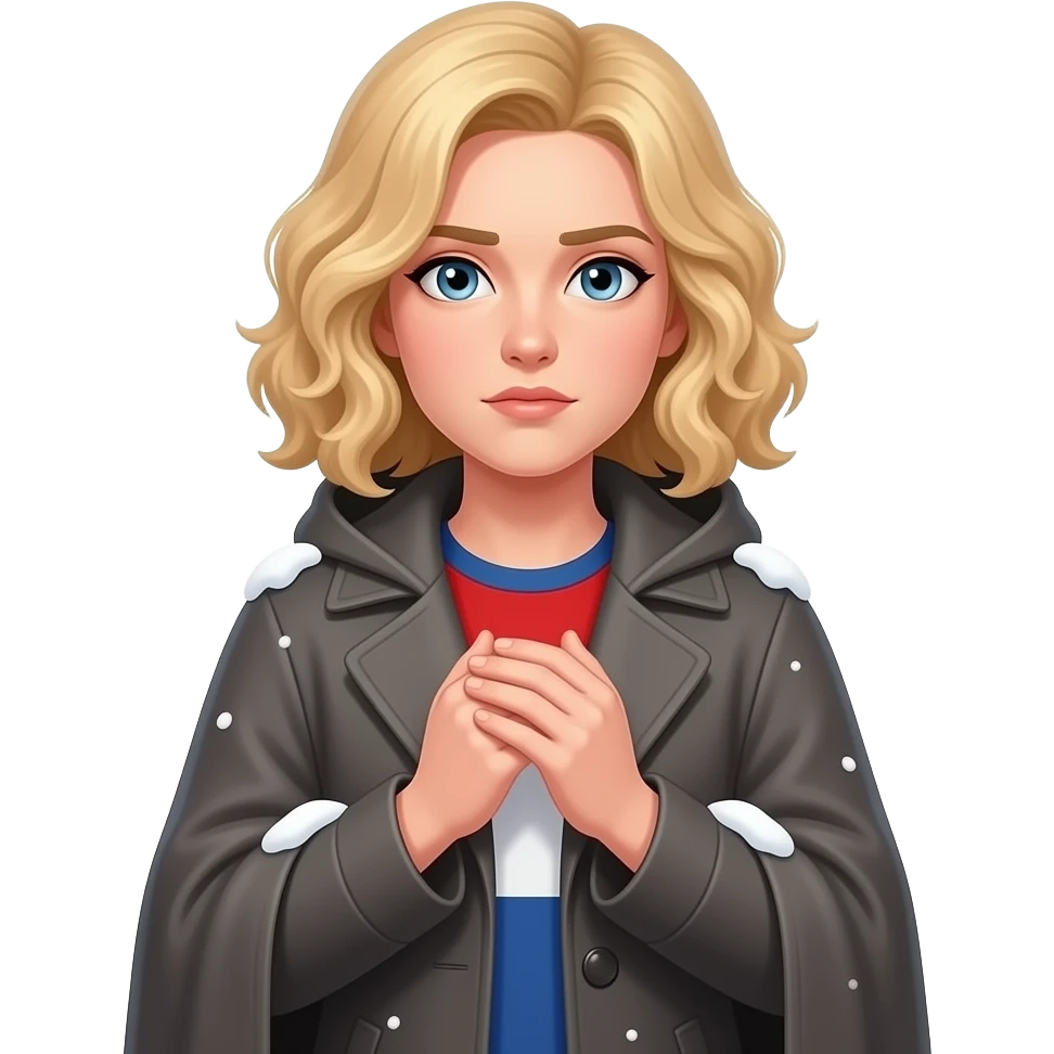 blonde curly bob cold face with hands sheltering body in a cape coat and snow around in red, white and blue shirt emoji