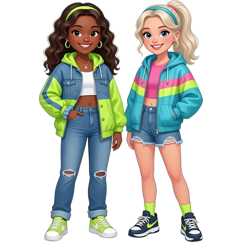 african teen girl and white teen girl standing next to each other together, 90s fashions emoji